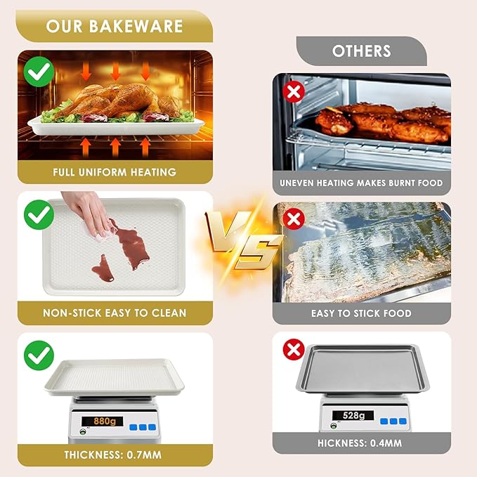 Baking Sheet Pan Set of 3, Nonstick Carbon Steel Cookie Sheets with Texture, Commercial Half/Quarter/Jelly Roll Pans Replacement Toaster Oven Tray, Heavy Duty & Easy Clean, White