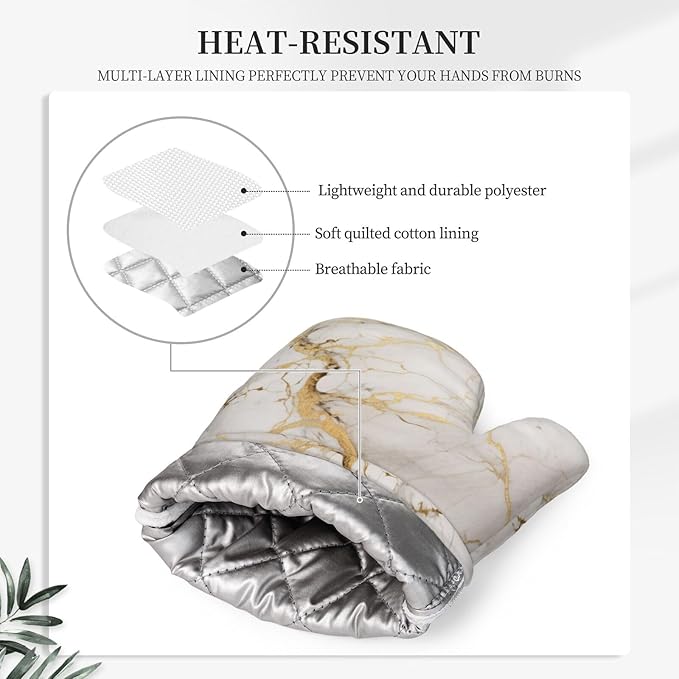 Oven Mitts and Pot Holders Marble Gray Gold White Silicone Kitchen Accessories Set of 4 Heat Resistant Long Gloves Potholder Non-Slip Grip for Chef Cooking Baking Grilling BBQ