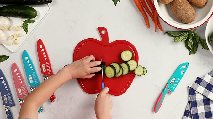 My First Chef's Knife for Kids - NEW! - (ROYAL/NAVY) w/Protective Safety Sheath - German Stainless Steel - Curved Finger Shield/Childrens Cooking Baking
