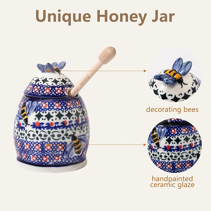 ZOOBEE Small Ceramic Honey Jar with Dipper and Lid, Handpainted 10oz Honey Pot, Microwave-safe Honey Container for Kitchen, Picnic, Travel -Starry Petals