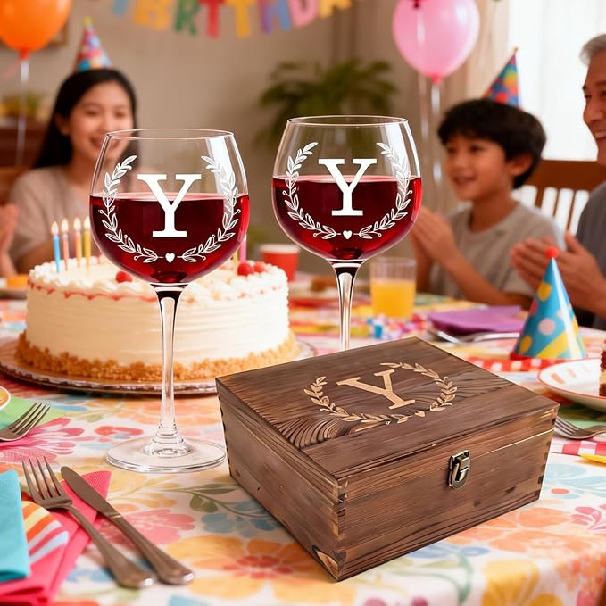 GZLDGIFTS Personalized Initial Wine Glasses Box Gift Set For Women Mom Engraved Birthday Monogrammed Wooden Christmas Gifts Wedding Anniversary Wine Couples Stopper Opener Initial Letterr (Y Set)