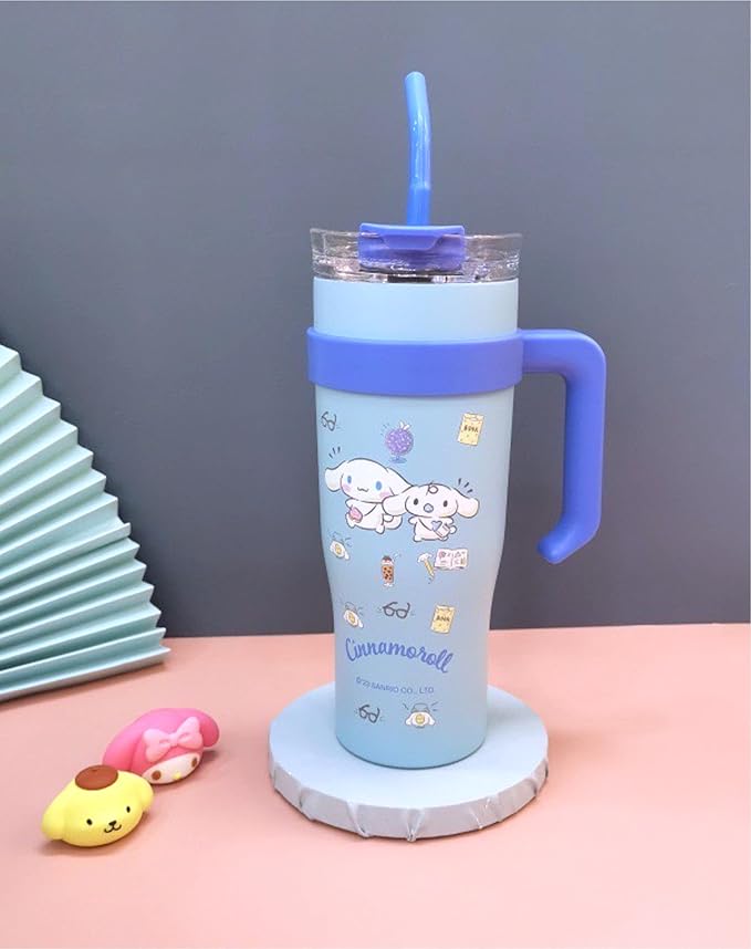 Cinnamoroll Twins Stainless Steel Insulated Tumbler with Lid, Straw & Handle 1200ml - XL Size, Blue