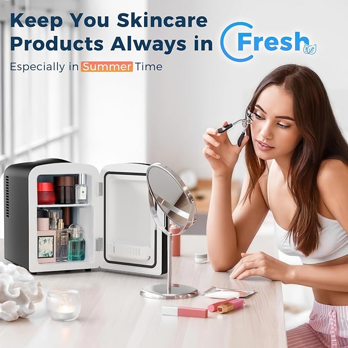 Antarctic Star 4L Makeup Mini Refrigerator With Mirror for Bedroom, Car, Office & Dorm, Portable Small Cooler for Cosmetics, Skin Care, Black