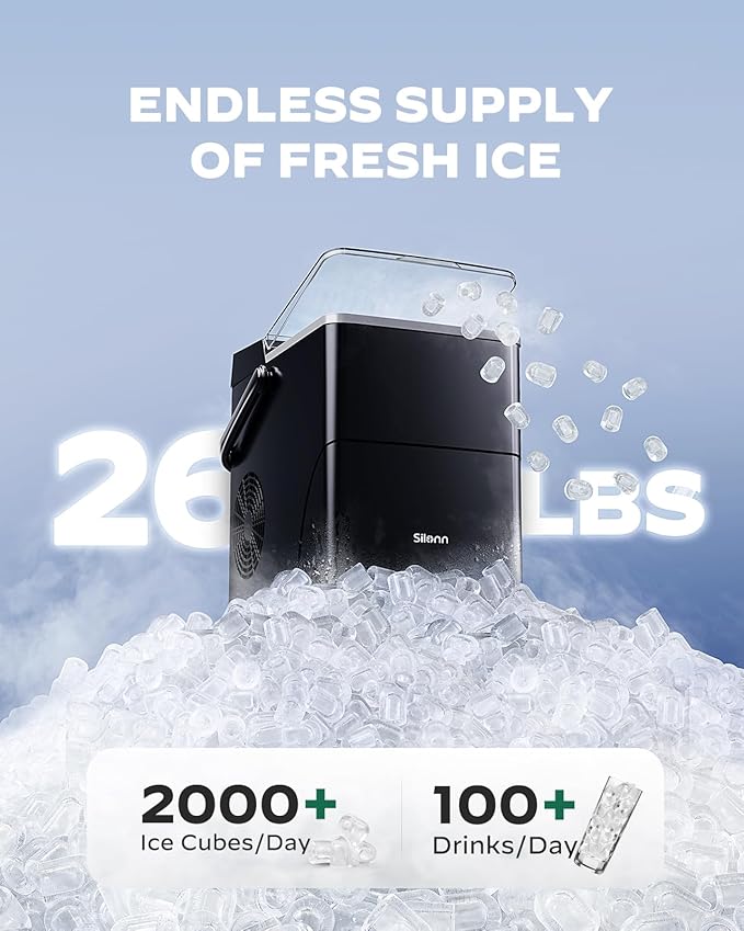 Silonn Countertop Ice Maker, Self-Cleaning Ice Maker with LED Touch Control, 2 Bullet Ice Sizes for Home, Kitchen, 9 Cubes in 6 Mins, 2.5L Ice Basket