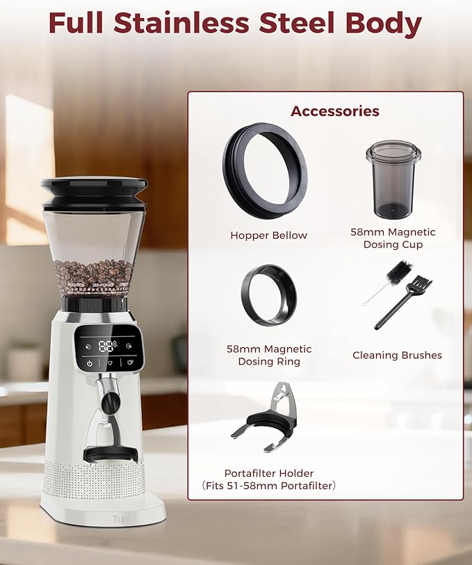 Tuni G2 Conical Burr Coffee Grinder, 70 Grind Settings Anti-static Burr Mill, Precision Electronic Timer and LED Touchscreen for Espresso/Drip/Cold Brew/French Press, Stainless Steel, Ivory