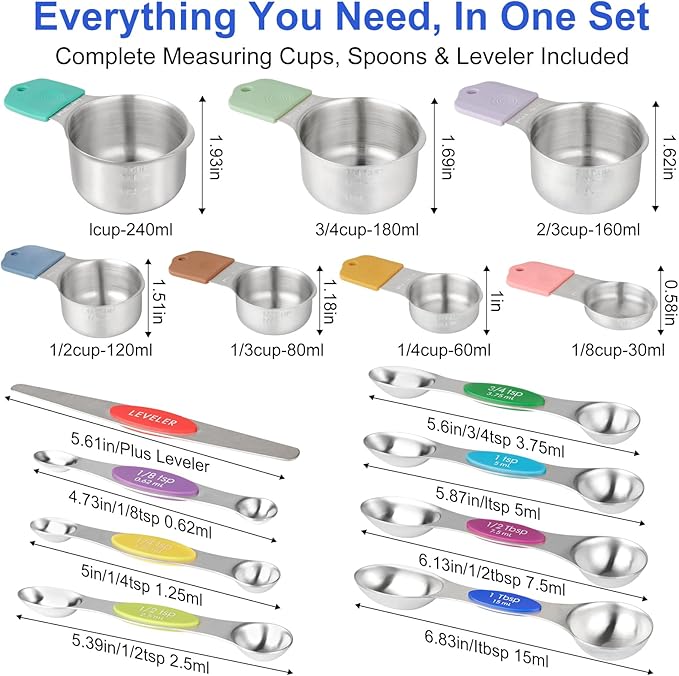 Magnetic Measuring Cups & Spoons Set, Strong N45 Magnets, Heavy Duty Stainless Steel Fits in Spice Jars for Baking & Cooking, BPA Free, Round Set of 15 with Leveler, Light Colorful