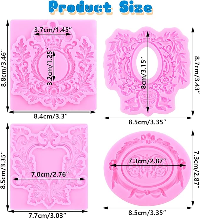 Mujiang Baroque Photo Frame Fondant Molds Picture Frame Silicone Mold Vintage Mirror Frame Molds for Cake Decoration Cupcake Topper Chocolate Candy Polymer Clay Gum Paste Set of 4