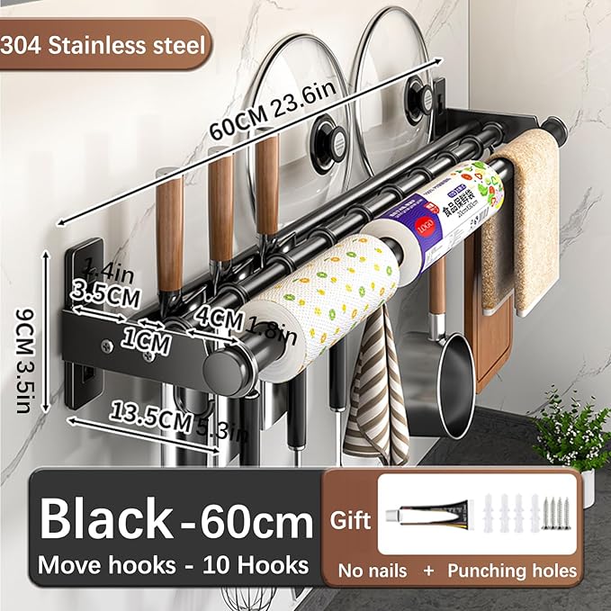 Hanging Wall Mount knife Wall Mount, Kitchen Organizer Storage Shelf for Utensils Spatula Spoon, Space-Saving Knife Rack with Hooks,Wall-Mounted Utensil Holder (Black, 60CM+Three Poles+10Hooks)