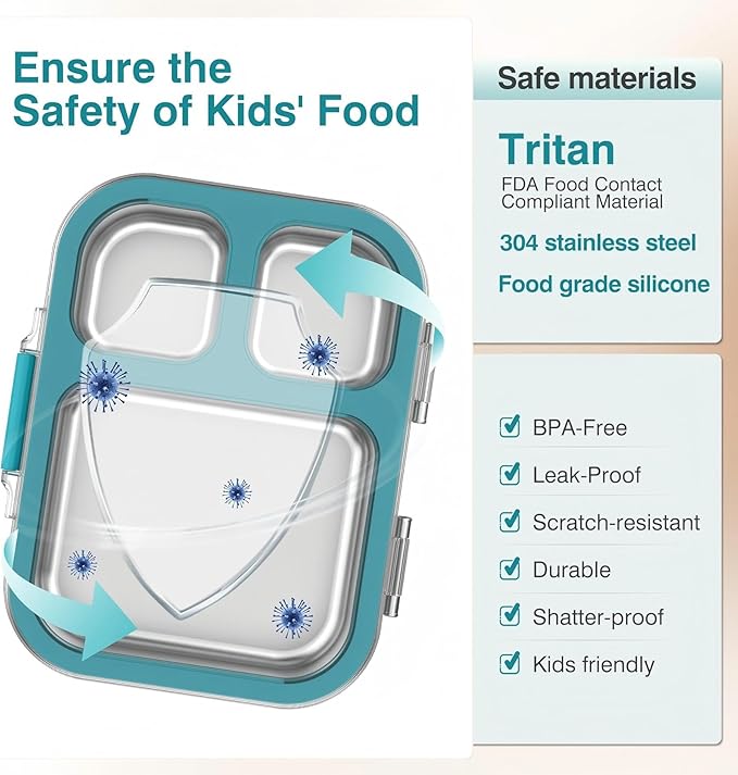 HOMEKOL Stainless Steel Bento Lunch Box, 3-Compartment Leak-Proof Lunch Container for Kids & Adults, BPA/BPS-Free 304 Metal Food Box, Dishwasher Safe, Clear Tritan Lid, Blue (Not Insulated)