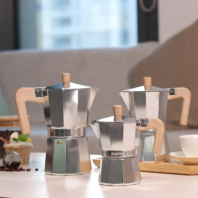 Sivaphe Aluminum Moka Pot 3 Espresso Cups, Percolator Espresso and Coffee Maker, Portable Stovetop Italian and Cuban Café Brewer for Home and Camping Sliver
