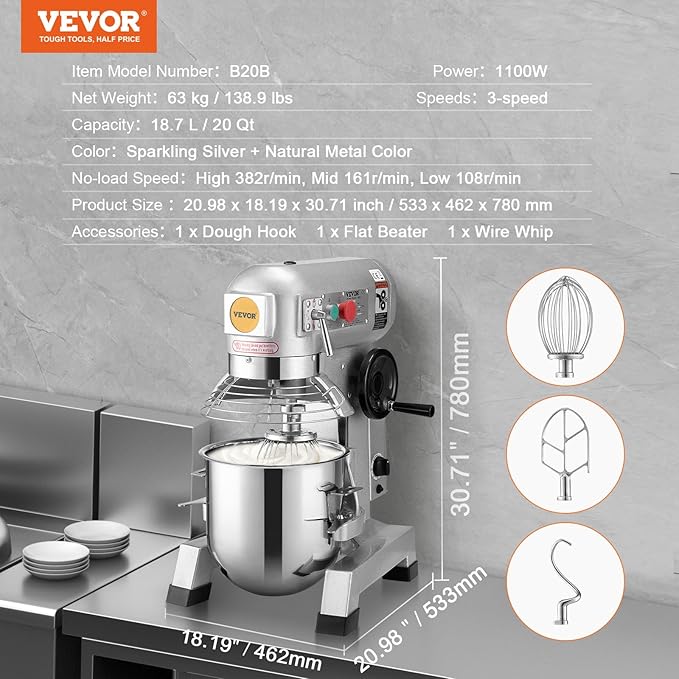 VEVOR Commercial Food Mixer, 20Qt Commercial Mixer with Timing Function, 750W Stainless Steel Bowl Heavy Duty Electric Food Mixer Commercial with 3 Speeds Adjustable 108/199/382 RPM, Dough Hook Whisk