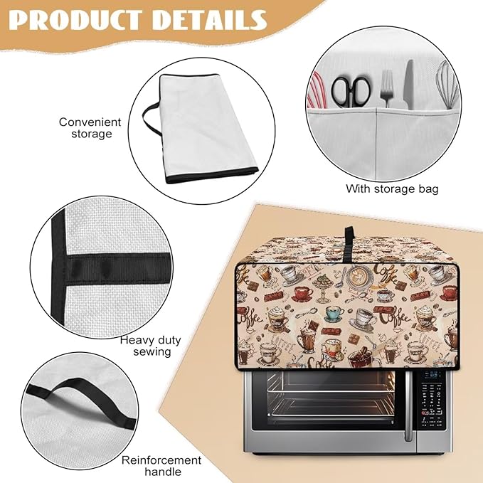 Toaster Oven Dust Cover Small Kitchen Appliance Cover for Countertop Convection Ovens,Small Appliances, M, 16.5 x 20.5 x 10 inches, Coffee Chocolate Print Beige