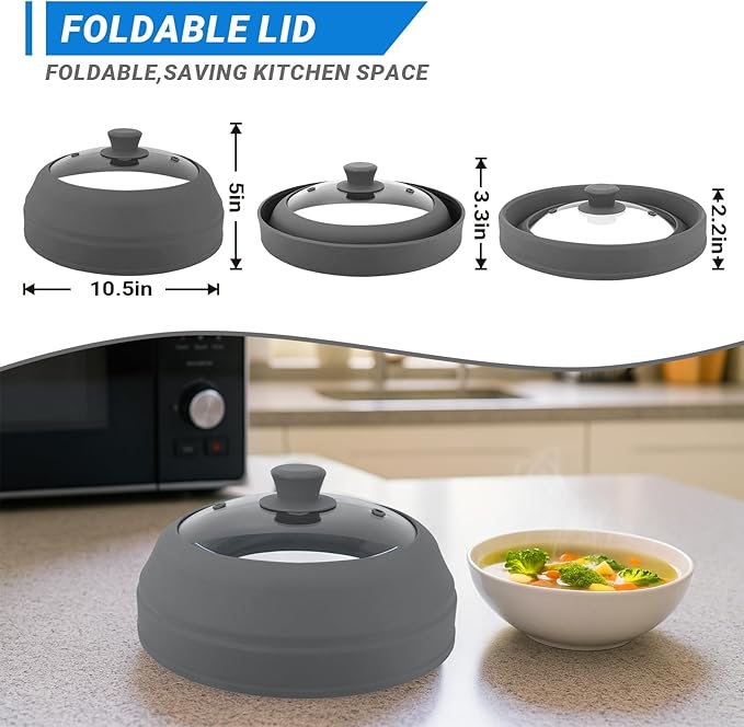 Glass Microwave Cover for Food, 10.5 Inch Collapsible Silicone Microwave Splatter Cover, Microwave Splatter Cover Glass, Microwave Food Cover for Pot Plate, Heat Resistant, BPA-Free, Dishwasher Safe