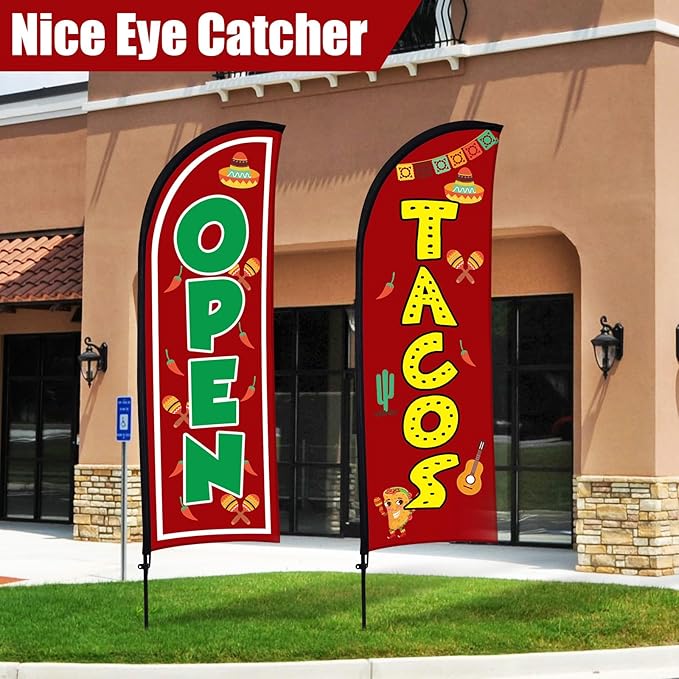 Buryeah Feather Banner Feather Flag Taco Sign Business Signs for Outside Open Flags for Businesses with Pole Ground Stake Portable for Mexican Restaurants, Diners, Markets (Red)