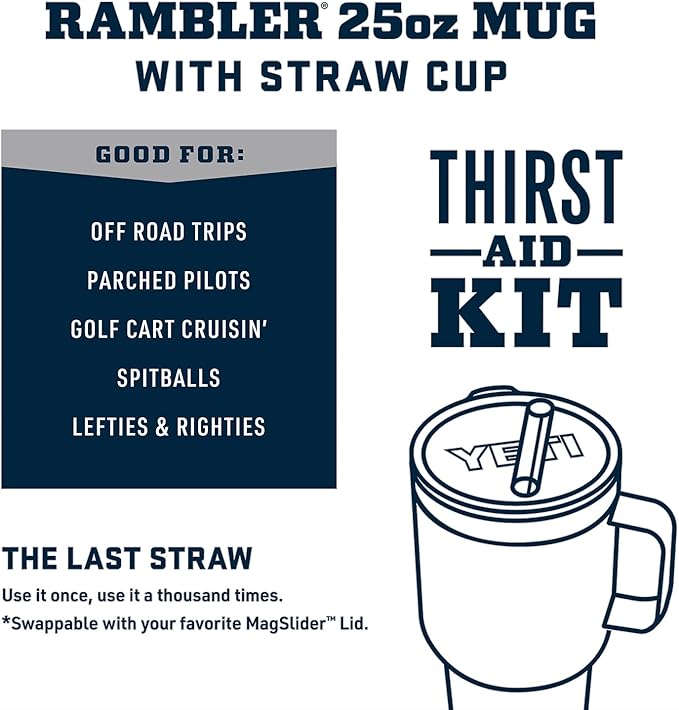YETI Rambler 25 oz Tumbler with Handle and Straw Lid, Travel Mug Water Tumbler, Vacuum Insulated Cup with Handle, Stainless Steel, White