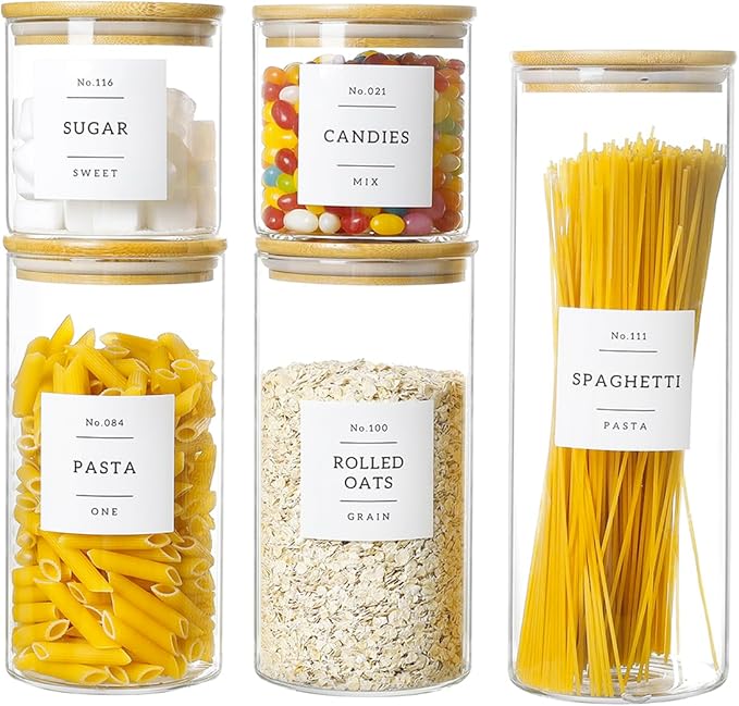HHMJSM 5 Pcs Glass Food Storage Containers With 132 Pantry Labels Preprinted - Thicken(3mm) Jars Airtight Bamboo Lid Stackable Kitchen Canisters Set For Candy, Cookie, Rice, Sugar, Flour