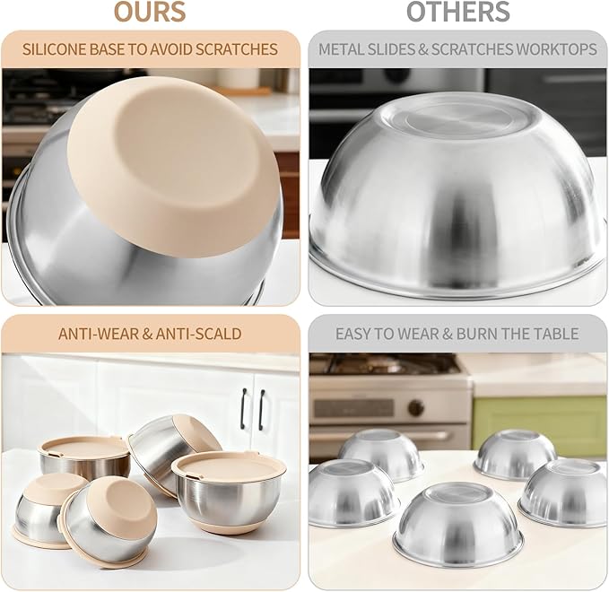 Deedro Premium Mixing Bowls with Airtight Lids Set, 22Pcs Thicker Stainless Steel Mixing Bowl Set, Large Prep Metal Bowls, Non-Slip Silicone Base Nesting Bowls for Kitchen, 1.5/2/3/4/5 QT, Khaki