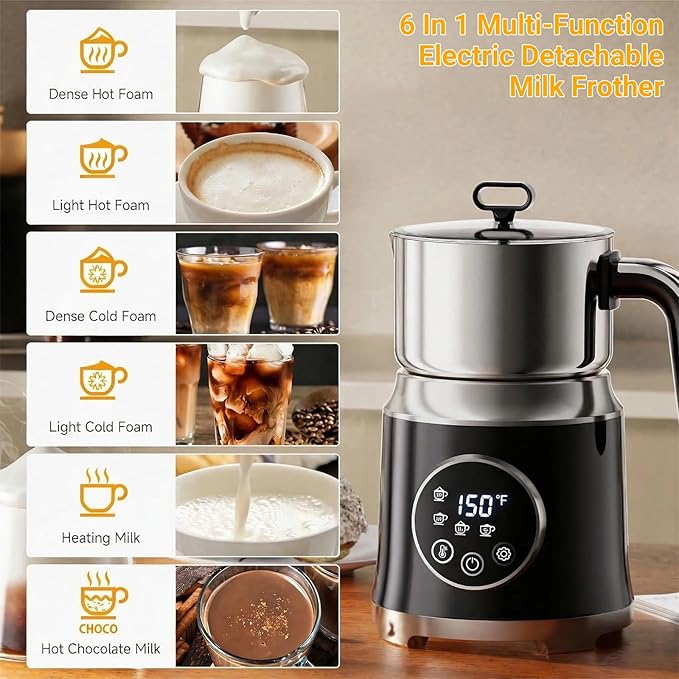 Milk Frother,Variable Temp and Froth Thickness,27oz/800ml Milk Steamer and Frother for cappuccino or Latte,Dishwasher Safe,6-in-1 Frother Machine (Black)
