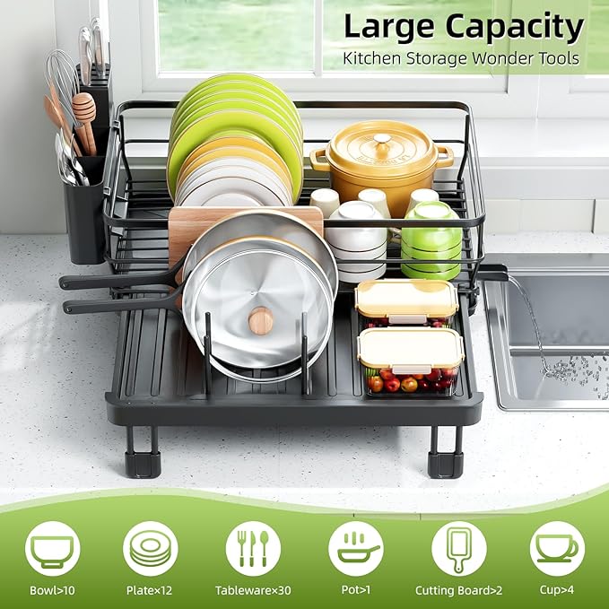 TOOLF Extendable Dish Drying Rack, Multifunction Dish Rack for Kitchen Counter, Large Expandable Dish Drainer,Dryer Rack with Drainboard & Utensil Holder, Black