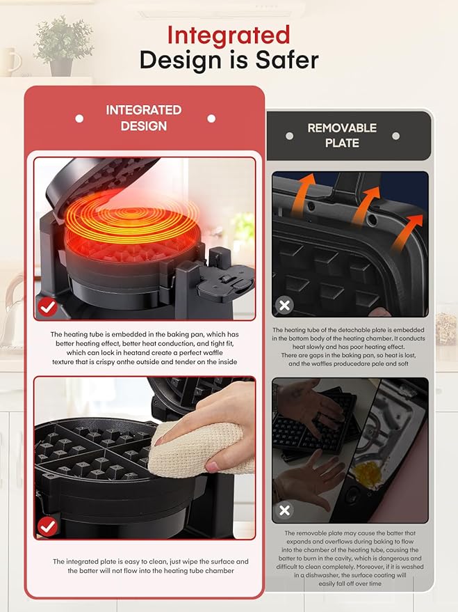 Waffle Maker, 1400W Double Belgian Waffle Iron 180° Flip, 8 Slices in 3 Mins, Rotating & Nonstick Plates, Anti-Scald, Removable Drip Tray Easy to Clean, Cool Touch Handle, Space-Saving Storage(Black)