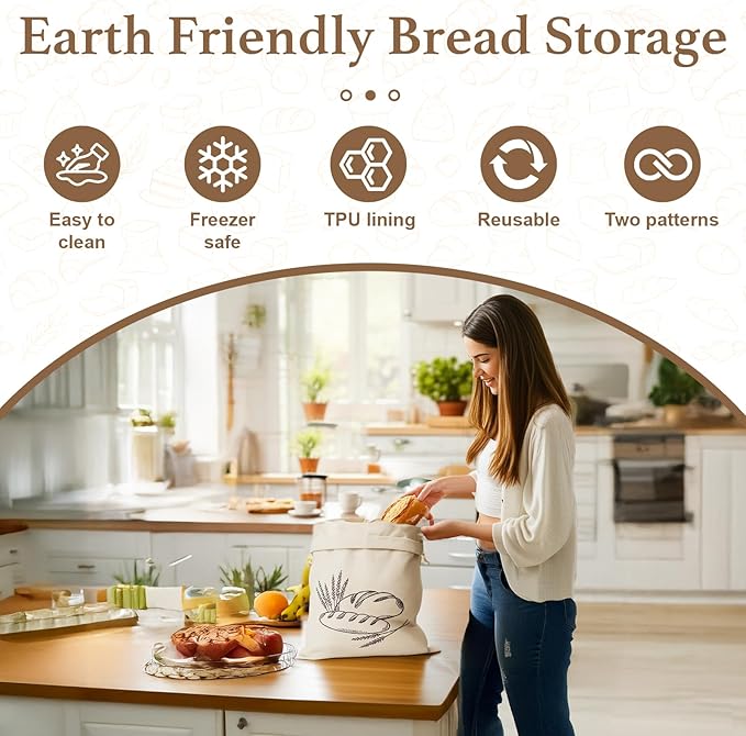 Reusable Bread Bags with TPU Liner -Linen Bread Bag for Sourdough & Homemade Cloth Bread Bags Keeps Fresh Longer 2 Pack