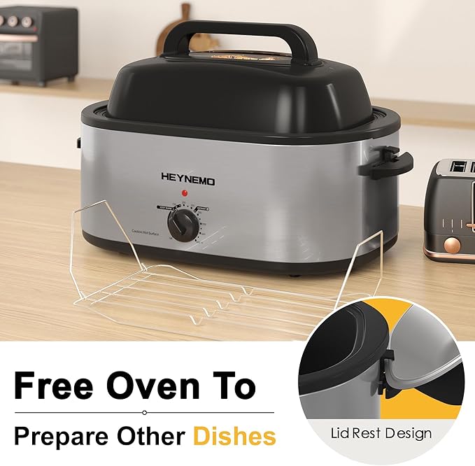 28Qt Electric Roaster Oven, with Self-Basting Lid, Removable Pan, Cool-Touch Handles, 1450W Stainless Steel Turkey Roaster Oven, Silver