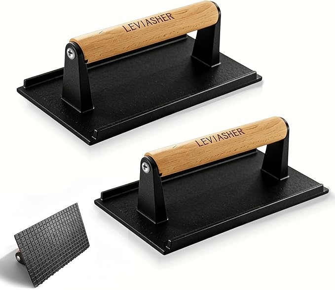 2.2 lb Heavy Duty Cast Iron Grill Press, 7.8X3.9 inch Rectangle Bottom Granular Burger Press with Wood Handle for Blackstone, Chef, Camp, Panini, Vegetable, Bacon, Sandwich, BBQ, 2 Pack