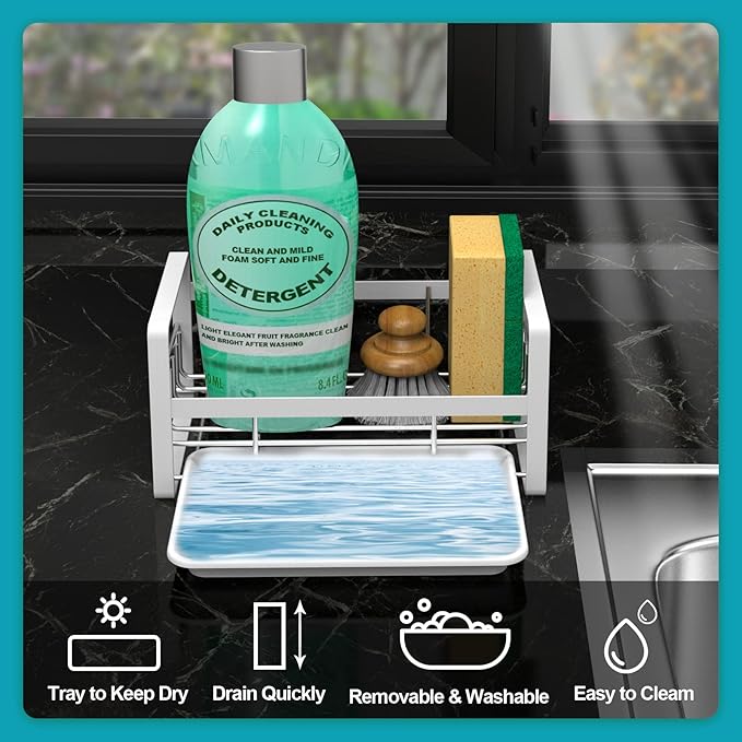 VANTEN Kitchen Sink Caddy - Silver Sink Organizer, Sponge/Soap Dish Dispenser with Brush Holder, Adhesive/Countertop Mount