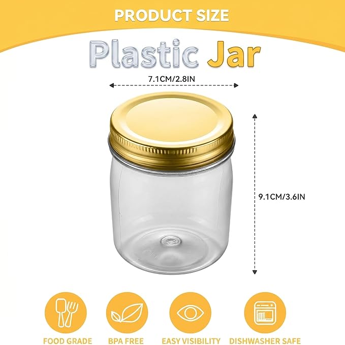 novelinks 8 oz Clear Plastic Jars with Airtight Lids, 48 Pack Plastic Mason Jars with Lids 8oz, Refillable Storage Slime Containers & Small Spice Jar for Kitchen Organization (48 Pack,Gold)