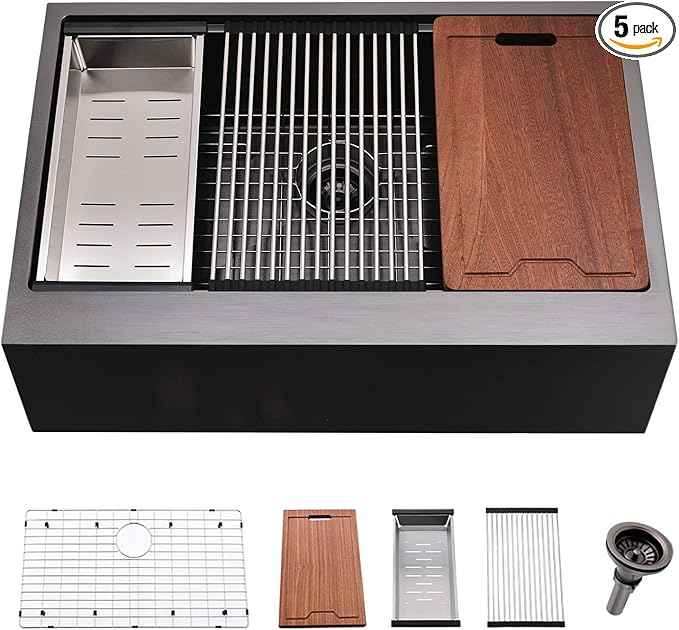 33 Inch Black Farmhouse Kitchen Sink Workstation - VOKIM 33x22 inch Flat Apron Front Farmhouse sink 16 Gauge Stainless Steel Single Bowl Farm Kitchen Sink