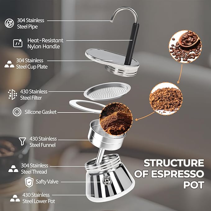Uncoated 4 Cup Single Tube Moka Pot 304 Thickened Stainless Steel Mini Coffee Maker Stovetop Espresso Coffeemaker Italian Classic Style Brewing Greca Cafe Mocha for Camping Travel Home 310ml