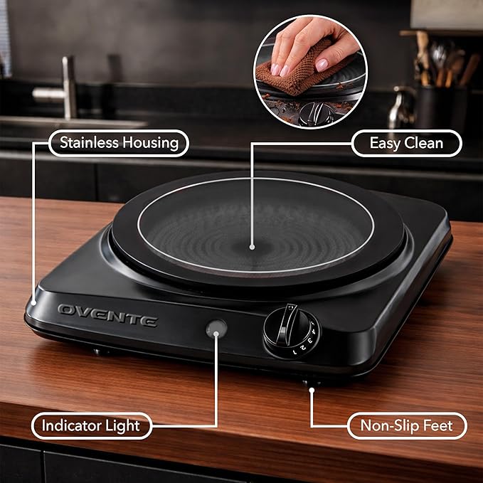 OVENTE Countertop Infrared Single Burner, 1000W Electric Hot Plate with 7” Ceramic Glass Cooktop, 5 Level Temperature Setting & Easy to Clean Base, Compact Stove for Home Dorm Office, Black BGI101B