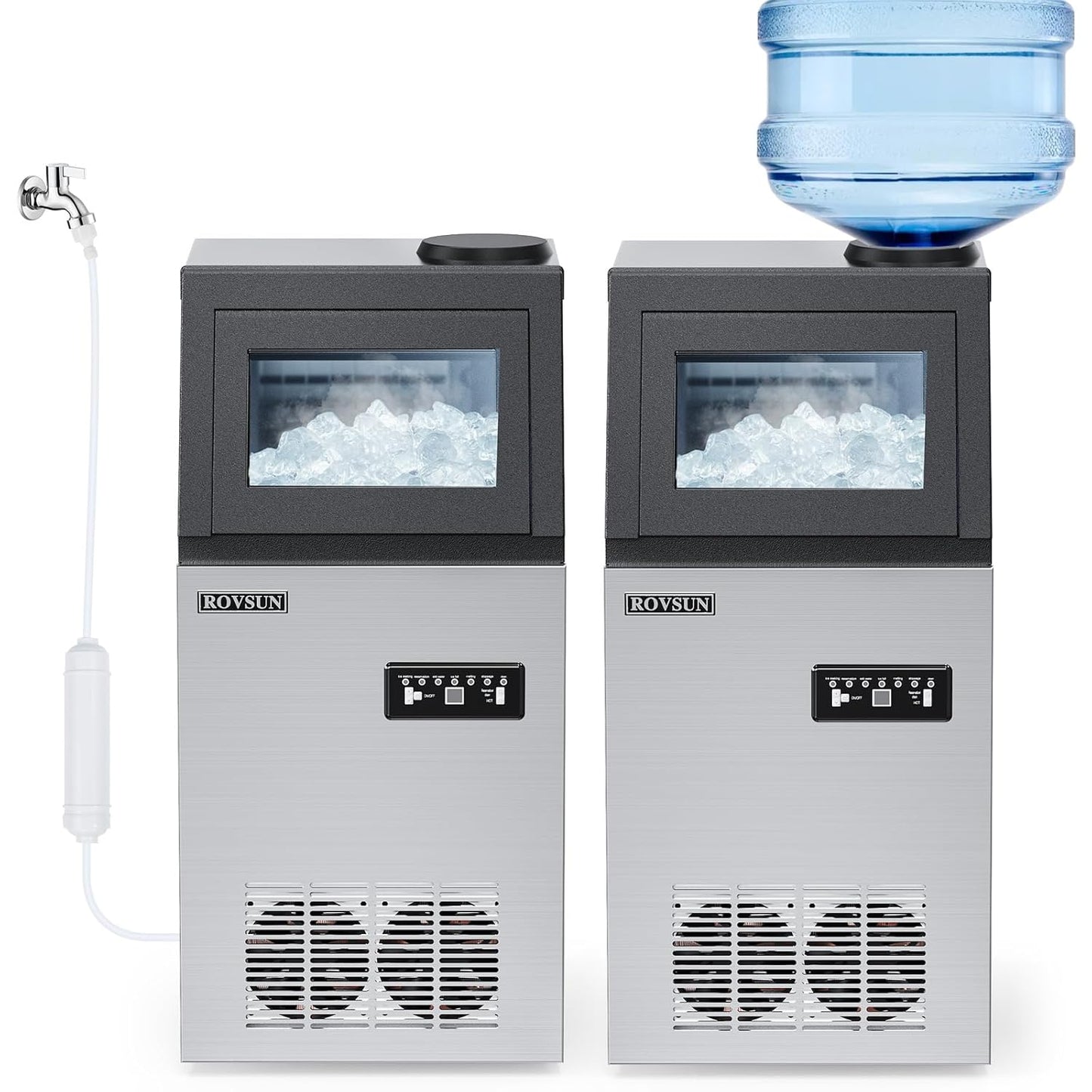 ROVSUN 150LBS/24H Commercial Ice Maker Machine with 2 Water Inlets, Freestanding Ice Machine with 24lbs Storage Bin, Ice Scoop & Water Filter for Home Office Restaurant Bar Cafe