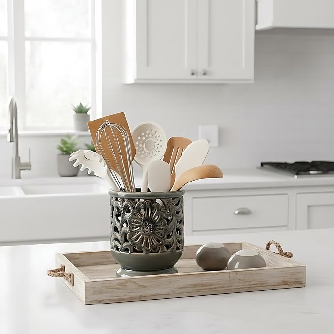 Farmhouse Kitchen Utensil Holder for Countertop, Ceramic Large Cooking Utensil Crock with Cork Mat, Decorative Rustic Utensil Holder for Kitchen Counter, Hollow Carving Flower, Gray