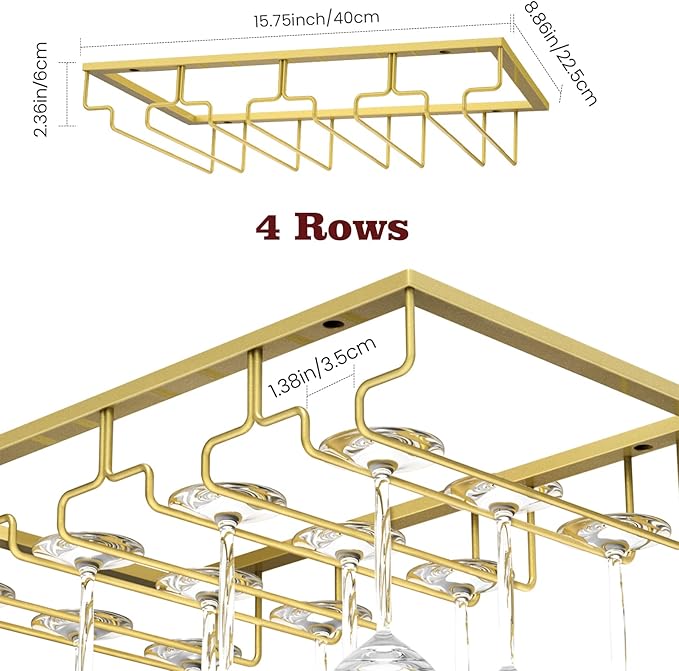 Nuovoware Wine Glass Rack, 4 Rows Wine Glass Holder Storage Hanger Metal Organizer Under Cabinet Stemware Rack for Bar Kitchen Cabinet, Nano Golden