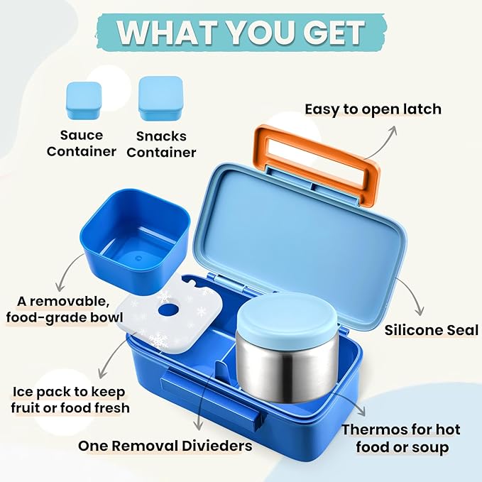 PIQUEBAR Kids Lunch Bento Box with 8oz Thermo Ice Pack Food Container with Insulated Lunch Bag, Insulated Water Bottle with Straw for Girls Boys, (A-Blue)