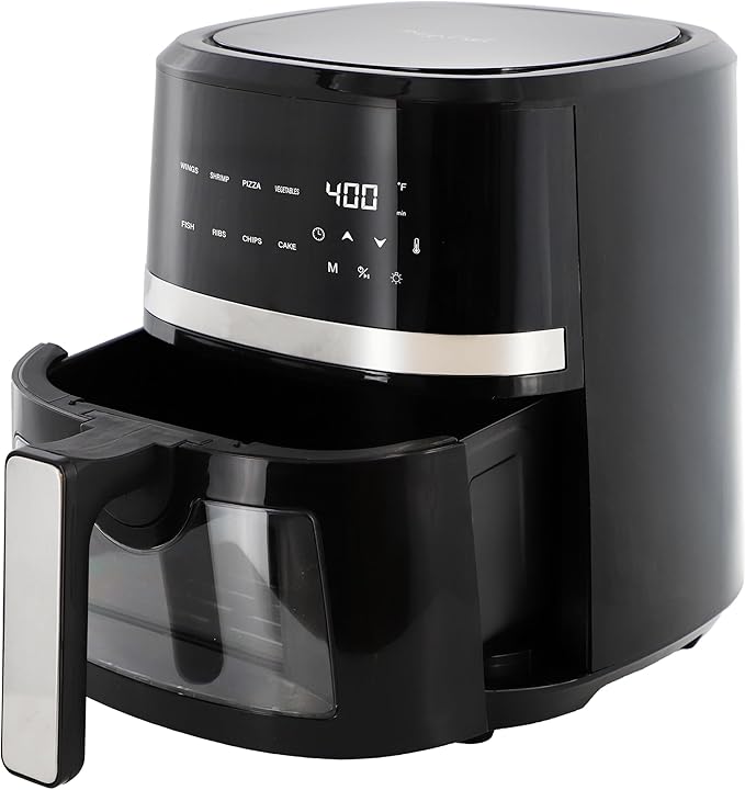 MegaChef 4 Quart Digital LED Display Electric Air Fryer with Transparent Window in Black and Bonus 125 Piece Paper Liners