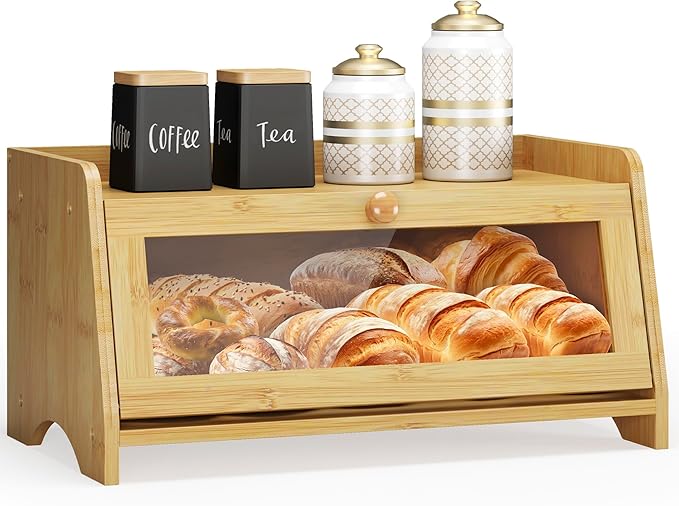 JANSNIMEN Bread Box for Kitchen Countertop, Large Bread Container Storage, Wooden Farmhouse Bread Box with Window Bread Holder (Natural Bamboo)