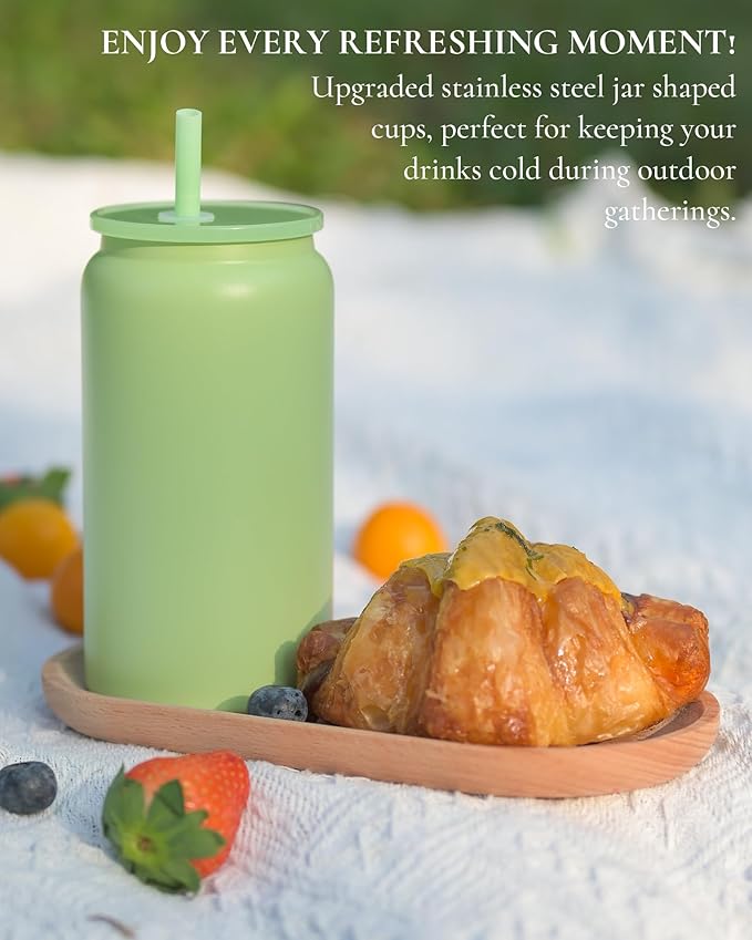 16oz Glass Cups With Lids and Straws, Stainless Steel Beer and Iced Coffee Cups, Smoothie Drinking Cup, Light Green (Textured Matte Finish, Not Sublimatable)