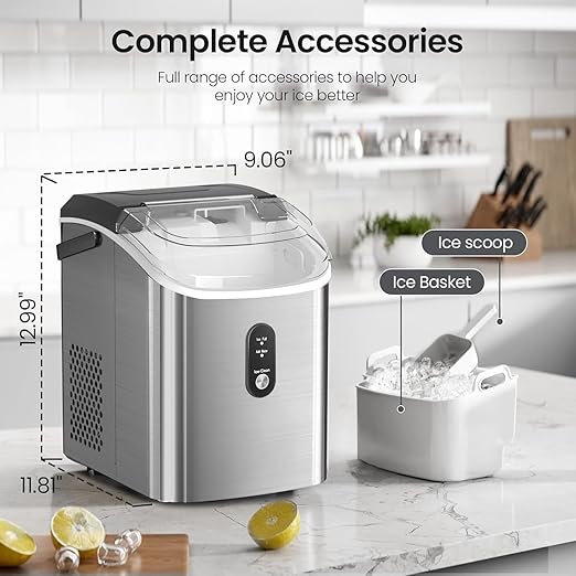 Croze Nugget Ice Maker Countertop with Self-Cleaning Function, Sonic Ice Machine with Handle, Compact Design for Home Use (Stainless Steel Silver)