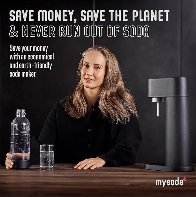 Mysoda Woody Sparkling Water Maker - Silent Carbonated Water Machine Robust Long-Lasting Aluminium Soda Maker - With 1L Water Bottle - Without CO2 Cylinder - Black
