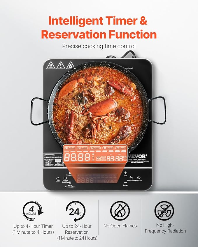 VEVOR Portable Induction Cooktop, 1500W Electric Induction Burner with 9 Temperature Settings, Countertop Induction Hot Plate with 4H Timer, 24H Reservation, Child Lock, Easy to Clean, for Cooking