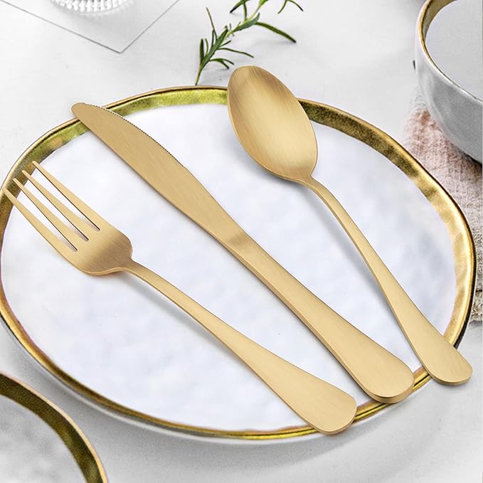LIANYU 30 Piece Gold Silverware Set, Stainless Steel Gold Flatware Cutlery Set for 6, Fancy Kitchen Utensil Tableware for Home Restaurant Party, Satin Finish, Dishwasher Safe