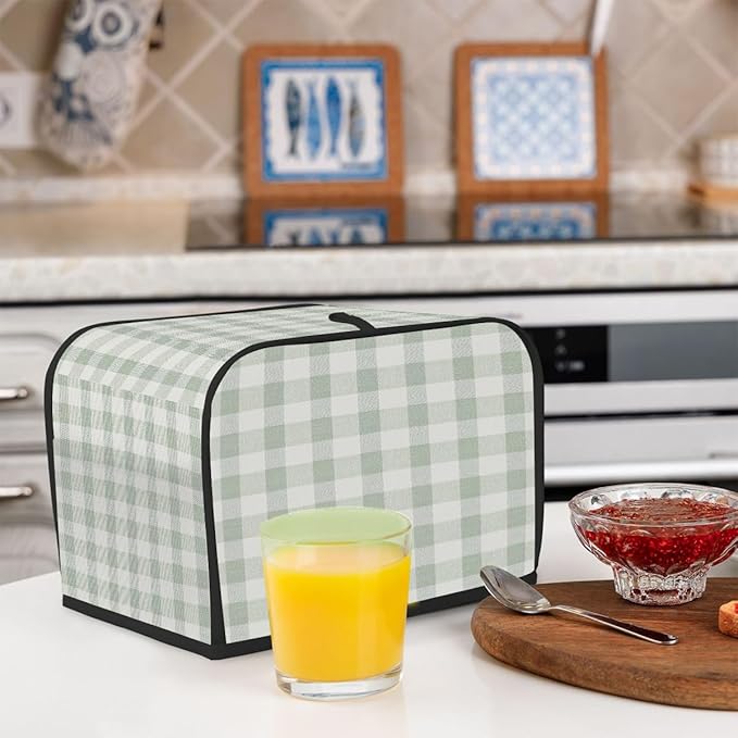 2 Slice Toaster Cover,Spring Light Green Gingham Checkered Plaid Small Kitchen Appliance Bread Machine Cover with Pockets,Dust & Fingerprint Protection