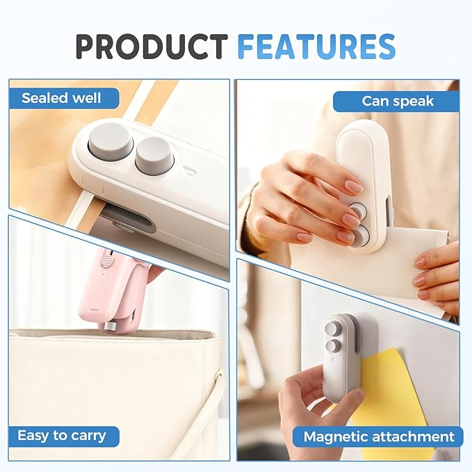 Mini Bag Sealer, Upgraded 2 in 1 Mini Bag Sealer with Cutter and Magnet, Magnetic Portable Plastic Bag Sealer for Snacks, Chips, Food Freshness Storage (2, White)
