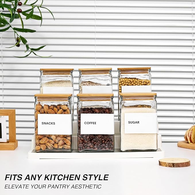 Glass Storage Jars with Bamboo Lids, 27oz Square Food Storage Containers for Kitchen Pantry Organization, Storage Canisters with Labels for Cereal Flour Beans Tea, Large Spice jars Seasoning Bottles
