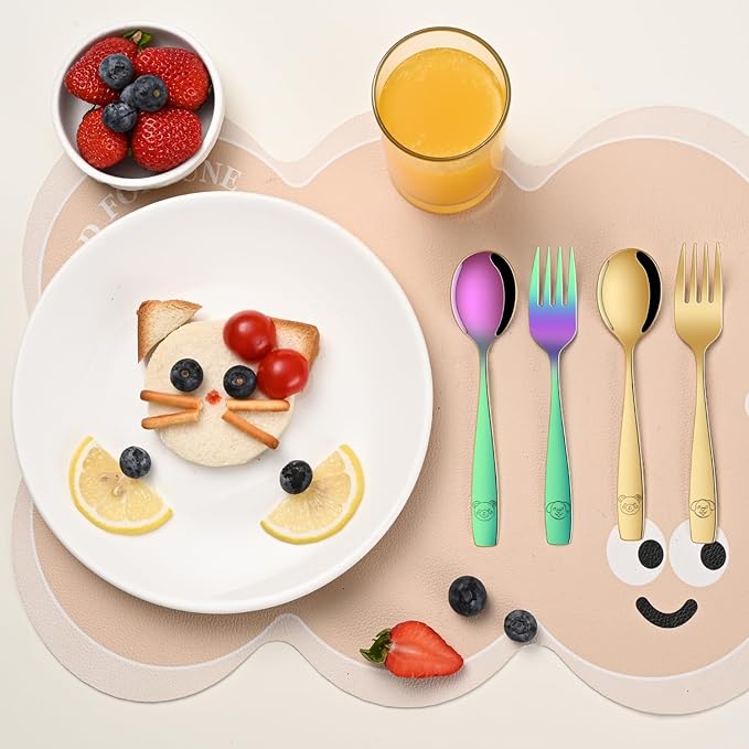 DEHOV Colorful Toddler Eating Utensils Set,Set Of 12 Food Grade Stainless Steel Silverware Sets For Kids,Dishwasher Safe Children Small Metal Spoons And Forks Flatware Sets