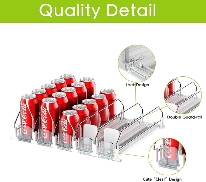 IBORING Drink Organizer for Fridge,Self Pushing Fridge Drink Organizer,Automatic Drink Dispenser for Fridge-Holds up to 15 Cans, 14.96inch, White