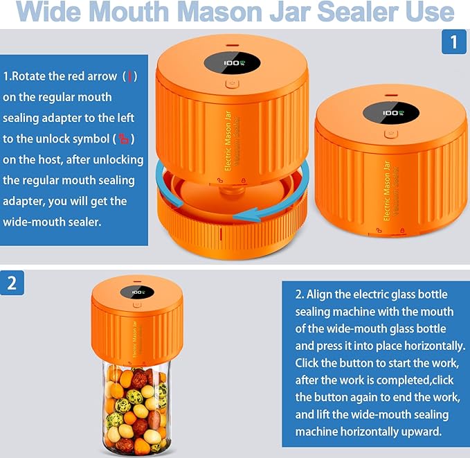 LOVE MOMENT Electric Mason Jar Vacuum Sealer Kit for Wide Mouth and Regular Mouth Mason Jar - Orange