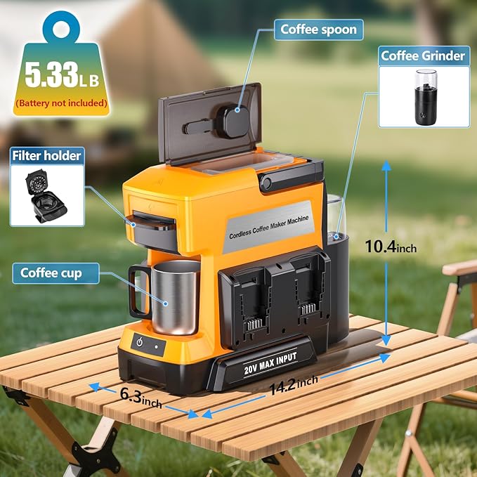 Taingwei Cordless Coffee Maker for Dewalt 20V Battery, Portable Drip Coffee Maker with Electric Coffee Grinder for RV, Camping, Travel, Car, Hiking (Battery Not Included)